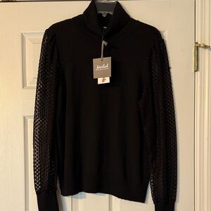 Marled Black Turtleneck Sweater with Textured Sleeves